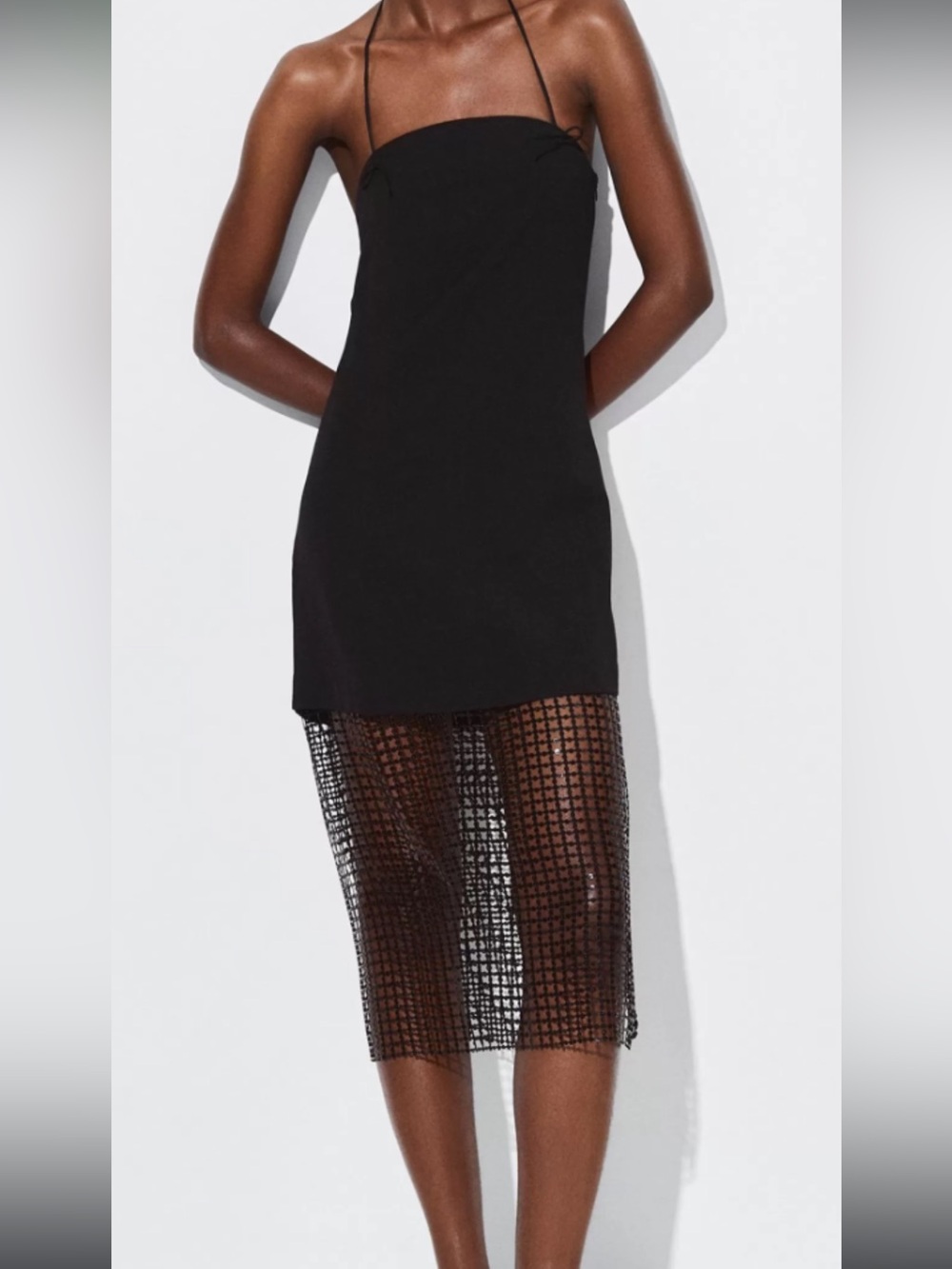 Black Midi Dress with Sheer Grid Overlay